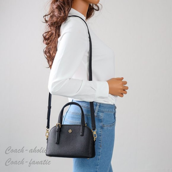 Tory Burch 149694 Emerson Dome Satchel Saffiano Leather Crossbody in Black - Picture 3 of 12